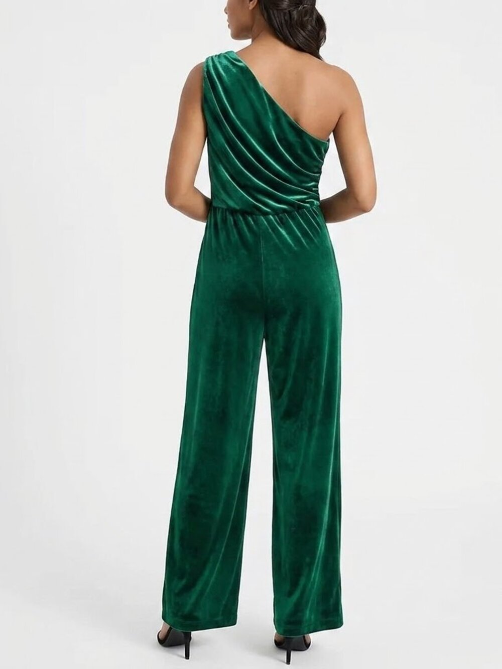 Express Velvet Emerald Green Ruched Wide Leg One Shoulder Party New Jumpsuit XL - Picture 2 of 8